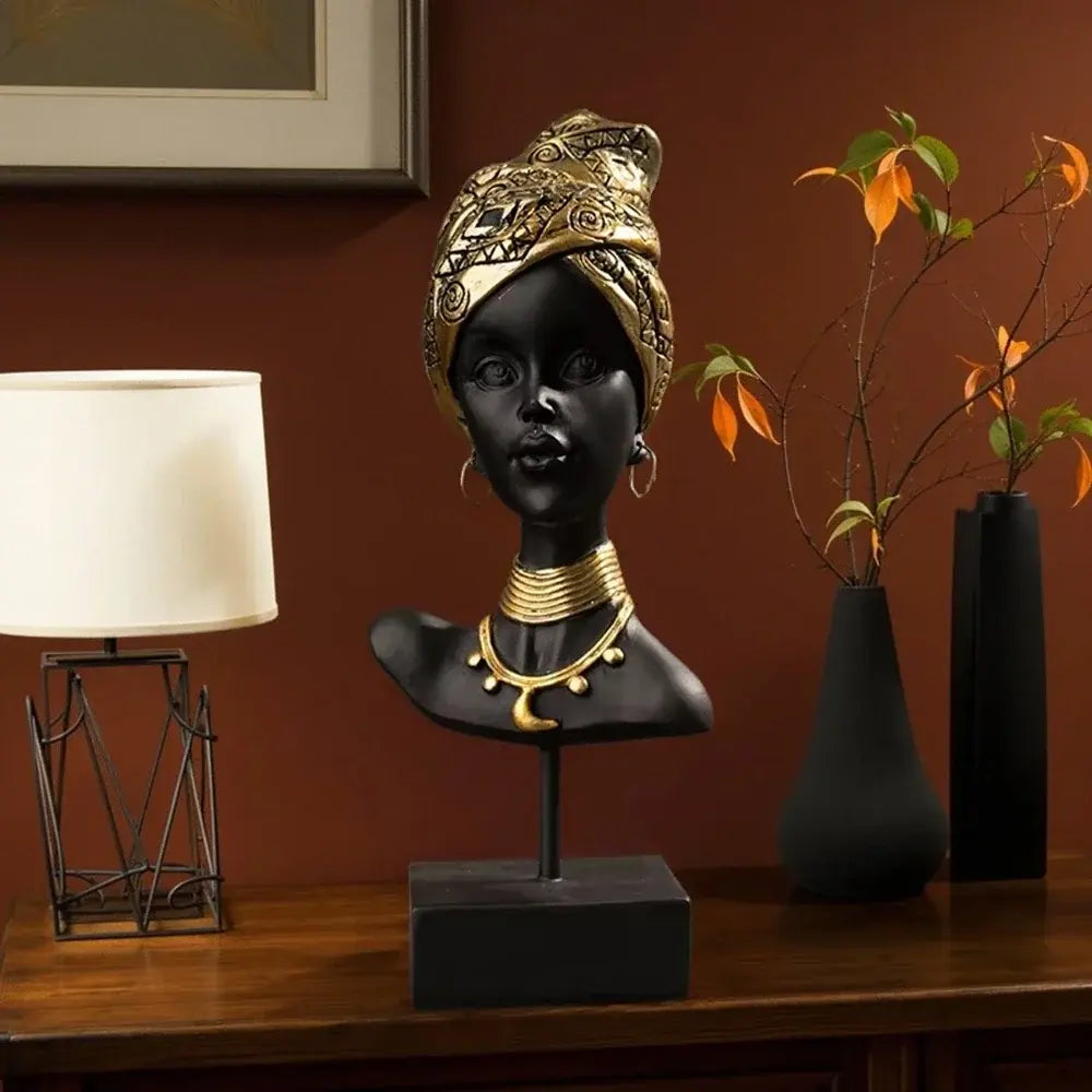 Escultura decorativa mulher africana em resina — arte étnica para sala de estar